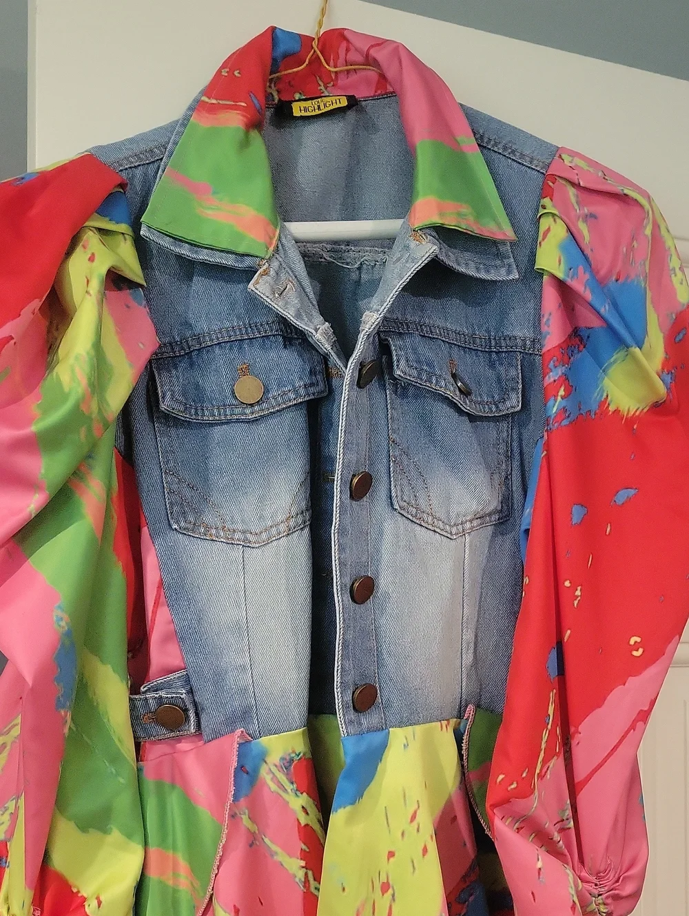 Denim Jacket with Bright Multicolor Splash Sleeves